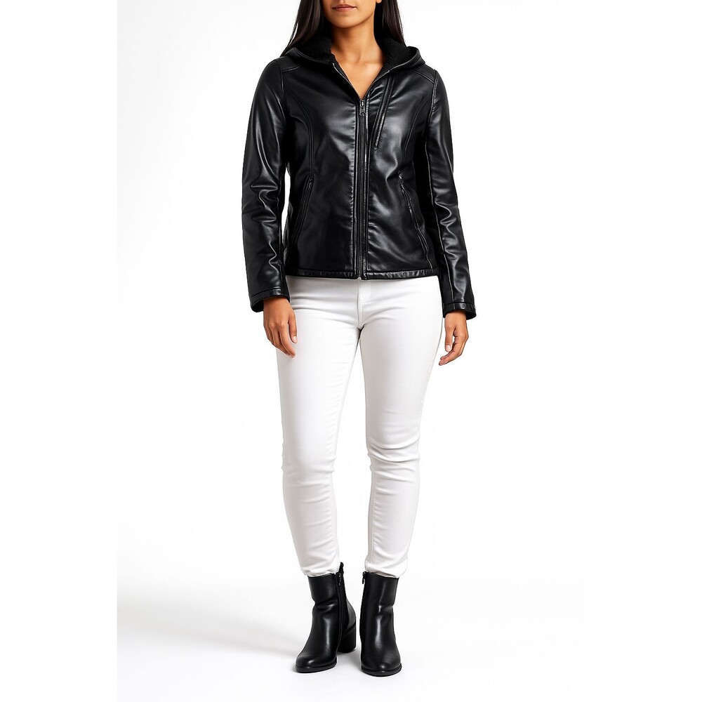 Levi Strauss Women Black Faux Leather Hooded Sherpa Lined Moto Biker Jacket SM